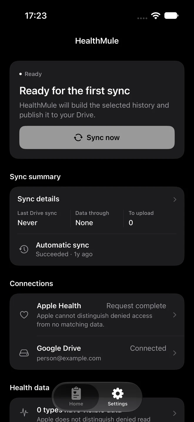 HealthMule Home in dark mode, ready for the first sync, with a sync summary and connection status.