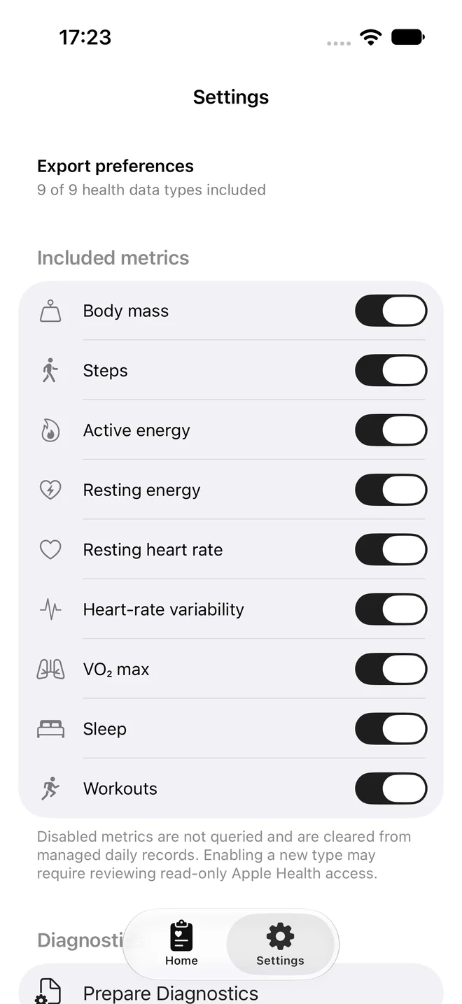 HealthMule Settings with the nine supported health metric toggles enabled.