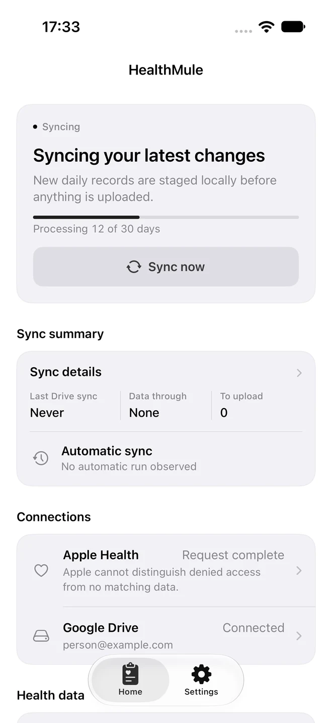 HealthMule sync progress, showing Processing 12 of 30 days.